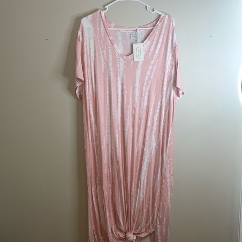 Mud Pie NWT Women's JoJo Midi Dress V-Neck High Low Hem Pink White Size large